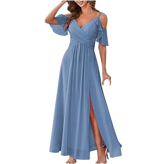 pstuiky Womens Dresses, Women Solid Color Sleeveless Halter Dress High Waist Drop Shoulder Pleat Dress High Slit and Ankle Dress Dinner Dress Leisure Blue XL