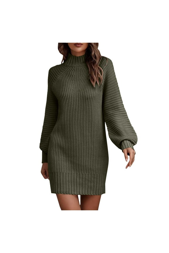 Womens Dresses, Women Sweater Dress Long Sleeve Crew Neck Dress Knee-Length Dress Leisure Green S