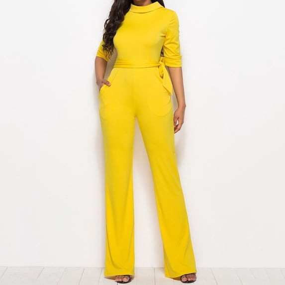 pstuiky Womens Jumpsuit, Solid Color Casual Long Palazzo Pants Pants Simple Rompers for Women Holiday Gifts Yellow XXXL