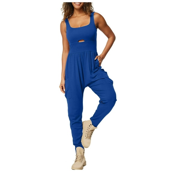 pstuiky Womens Jumpsuits Dressy, Solid Color Casual Long Outfits for Vacation Comfy Rompers for Women Dressy Blue L