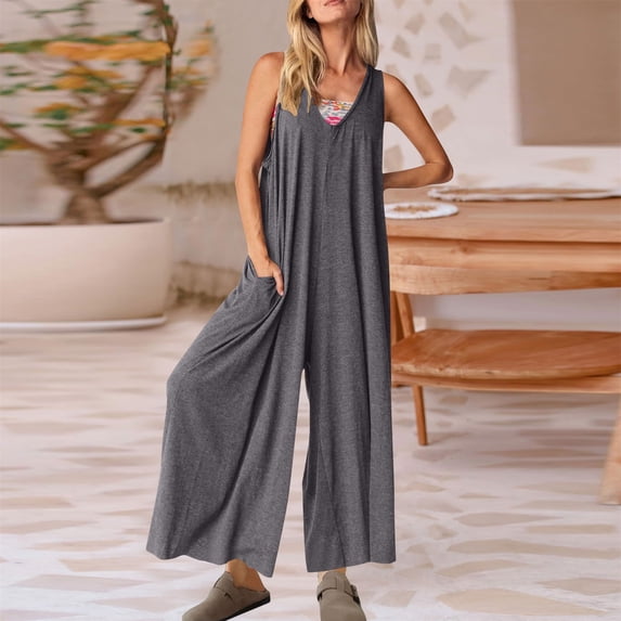 pstuiky Womens Jumpsuits, Solid Color Loose Long Palazzo Pants Outfits for Vacation Summer Womens Romper Gray S