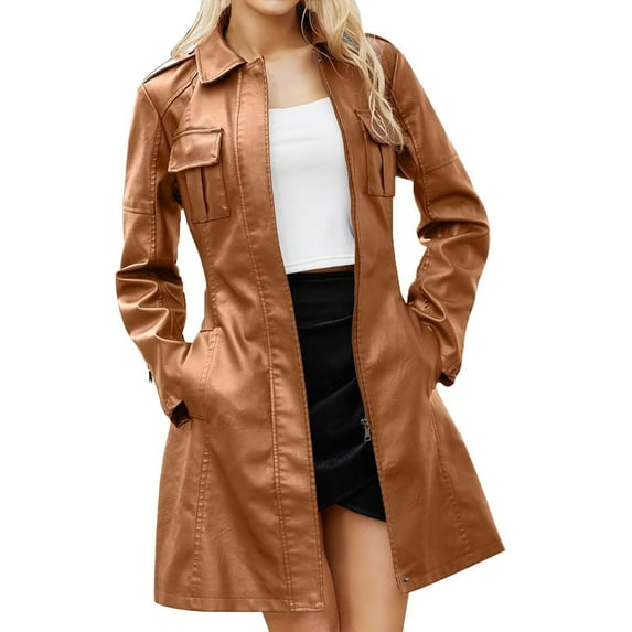 pstuiky Womens Leather Jacket Clearance Sale! Women Mid-Length Leather Jacket with Belt Spring and Autumn Trench Coat Long-Sleeved Hoodless Leather Jacket with Pockets Leisure Brown XXXL