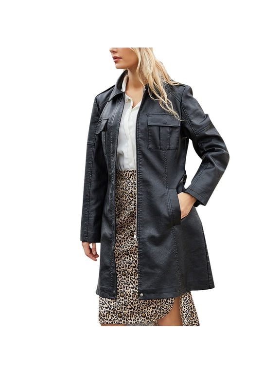 Womens Leather Jacket Women Mid-Length Leather Jacket with Belt Spring and Autumn Trench Coat Long-Sleeved Hoodless Leather Jacket with Pockets Leisure Black S