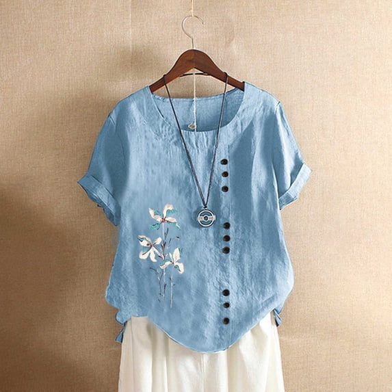 pstuiky Womens Linen Tops, Women Cotton and Linen T-Shirt Plus Size T-Shirt Solid Color Crewneck Short Sleeve Top Printed Pullover Seven-Point Sleeve Top Sales Today Clearance Blue S