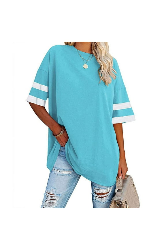 Womens Oversized Tees Loose T Shirts Half Sleeve Round Neck Color BlockTunic Tops Under $7