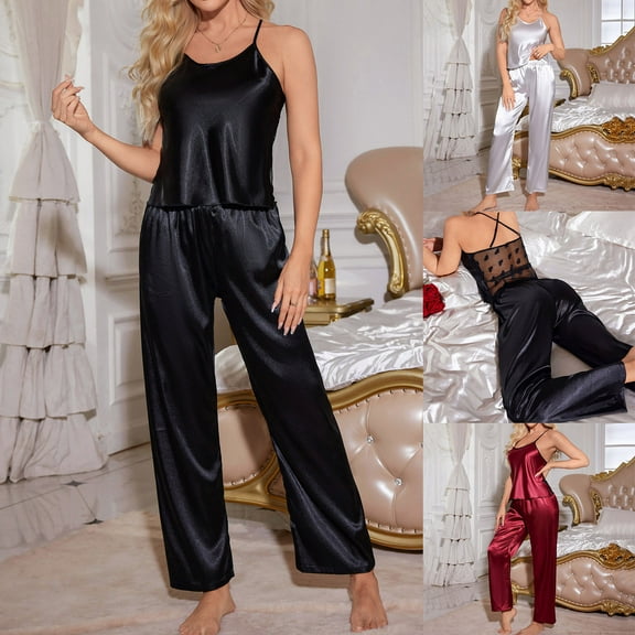 pstuiky Womens Pajama Set Fashion Solid Color Cami Silk Sleepwear Casual Loose Fit Crew Neck Sleeveless Pajamas Womens Loungewear Red S