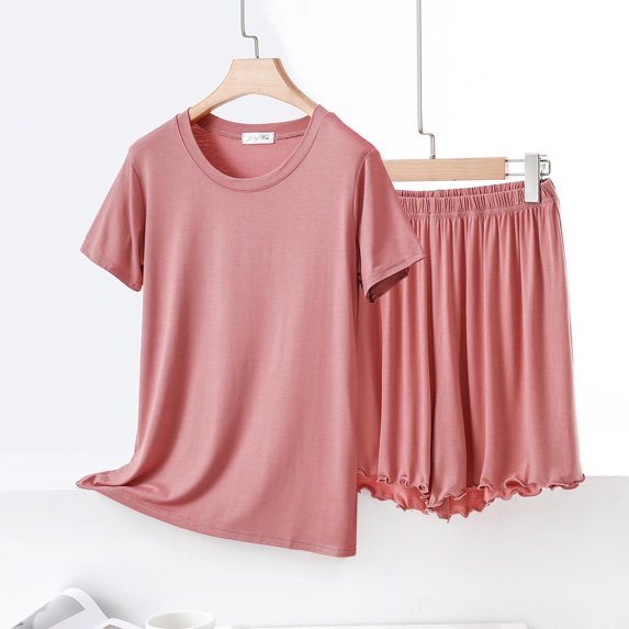 pstuiky Womens Pajama Set Fashion Solid Color Lightweight Pajama Sets Casual Loose Fit Crew Neck Short Sleeve Sleepwear with Shorts Loungewear for Teens Pink 2XL