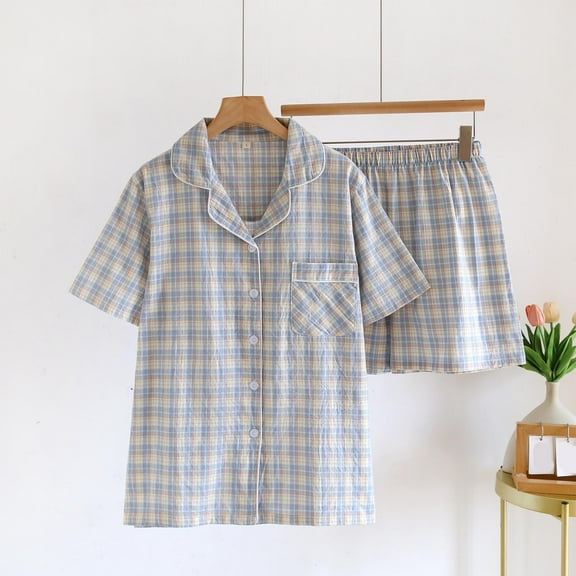 pstuiky Womens Pajama Set Oversized Plaid Print Lightweight Comfy Lounge Sets Casual Loose Fit Collared Short Sleeve Pajama Sets with Shorts Plus Size Sleepwear Blue L