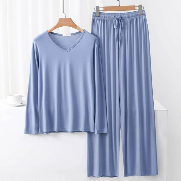 pstuiky Womens Pajama Set Oversized Solid Color Lace Pajama Sets with Pants Leisure Loose Fit V-Neck Long Sleeve Sleepwear Loungewear for Teens Light Blue M