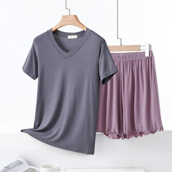 pstuiky Womens Pajama Set Oversized Solid Color Lace Pajamas Sets Leisure Loose Fit V-Neck Short Sleeve Sleepwear with Shorts Loungewear for Teens Purple XL