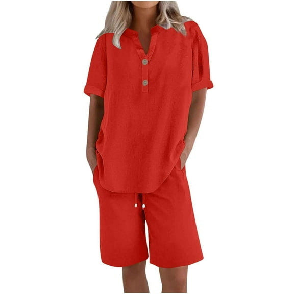 pstuiky Womens Pajama Set Plus Size Solid Color Lightweight Pajamas Sets Casual Loose Fit V-Neck Short Sleeve Sleepwear with Shorts Red 4XL