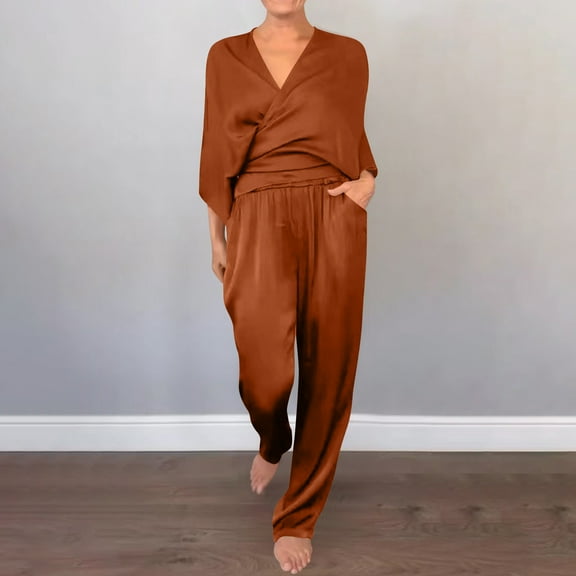pstuiky Womens Pajama Set Plus Size Solid Color Lightweight Sleepwear with Pants Summer Loose Fit V-Neck Short Sleeve Pajamas Brown 3XL