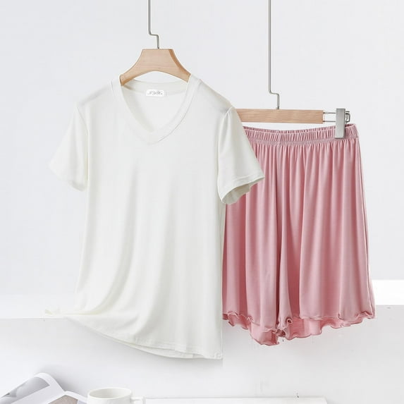 pstuiky Womens Pajama Set Shorts Fashion Solid Color Lace Comfy Lounge Sets Casual Loose Fit V-Neck Short Sleeve Pajama Sets with Shorts Womens Loungewear Set Pink M