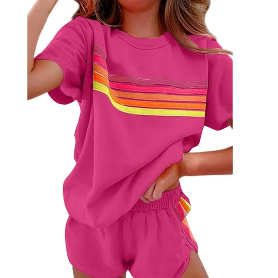 pstuiky Womens Pajama Set Summer Striped Print Breathable Pajamas Sets Casual Loose Fit Crew Neck Short Sleeve Sleepwear with Shorts Night Shirts for Women Sleepwear Hot Pink XL