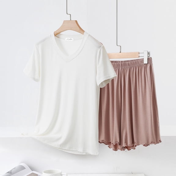 pstuiky Womens Pajama Sets Fashion Solid Color Lace 2 Piece Sleepwear Summer Loose Fit V-Neck Short Sleeve Pajama Sets with Shorts Coffee L