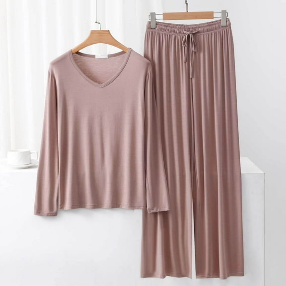 pstuiky Womens Pajama Sets Fashion Solid Color Lace Sleepwear with Pants Casual Loose Fit V-Neck Long Sleeve Pajamas Summer Pjs Khaki M