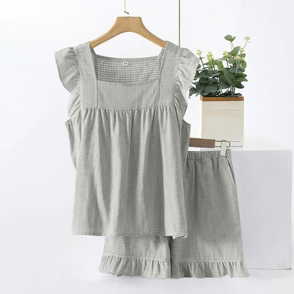 pstuiky Womens Pajama Sets Oversized Solid Color Lightweight Pajama Set Summer Loose Fit Crew Neck Sleeveless Sleepwear with Shorts Dark Gray M