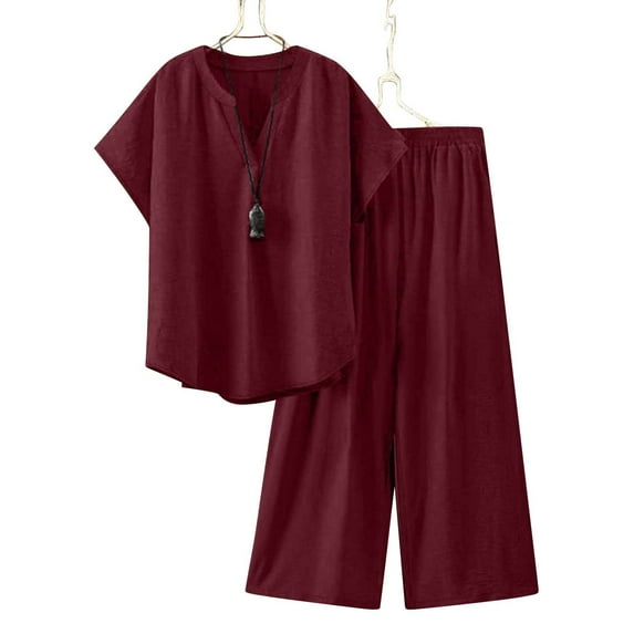 pstuiky Womens Pajama Sets Plus Size Solid Color Breathable Sleepwear with Pants Leisure Loose Fit V-Neck Short Sleeve Pajamas Loungewear for Teens Wine 5XL
