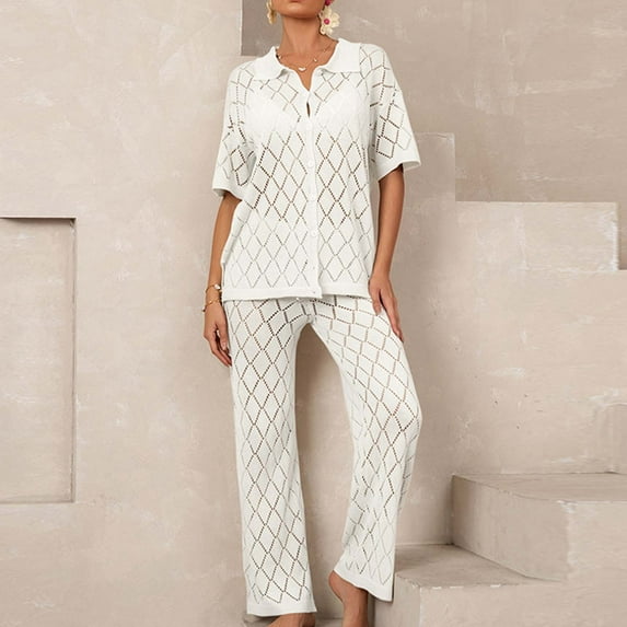 pstuiky Womens Pajama Sets Summer Solid Color Breathable Pajama Sets with Pants Leisure Loose Fit Collared Short Sleeve Sleepwear Night Shirts for Women Sleepwear White S