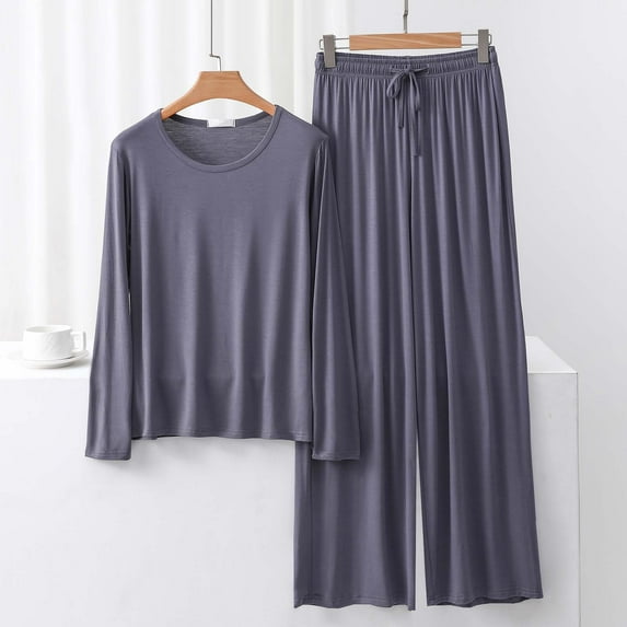 pstuiky Womens Pajamas Shorts Set Fashion Solid Color Lace Sleepwear with Pants Casual Loose Fit Crew Neck Long Sleeve Pajamas Night Shirts for Women Sleepwear Gray XL