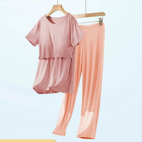 pstuiky Womens Pajamas Shorts Set Fashion Solid Color Lightweight Pajama Sets with Pants Summer Loose Fit Crew Neck Short Sleeve Sleepwear Pink XL