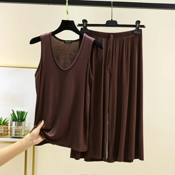 pstuiky Womens Pajamas Shorts Set Oversized Solid Color Lightweight Comfy Lounge Sets Leisure Loose Fit V-Neck Sleeveless Pajama Sets with Shorts Loungewear Sets Woman Coffee 2XL