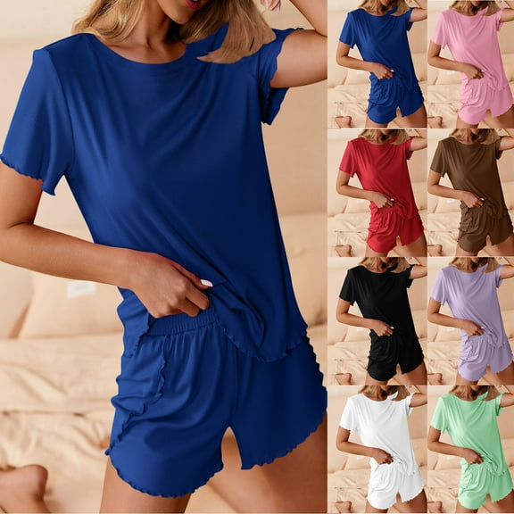 pstuiky Womens Pajamas Shorts Set Summer Solid Color Breathable Pajamas Set Casual Loose Fit Crew Neck Short Sleeve Sleepwear with Shorts Summer Pjs Black S