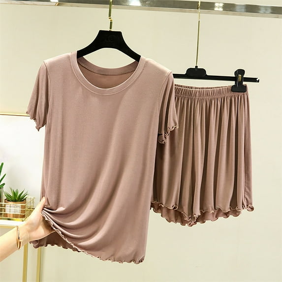 pstuiky Womens Pajamas Shorts Set Summer Solid Color Lightweight Pajamas Sets Comfy Loose Fit Crew Neck Short Sleeve Sleepwear with Shorts Summer Pjs Khaki 2XL