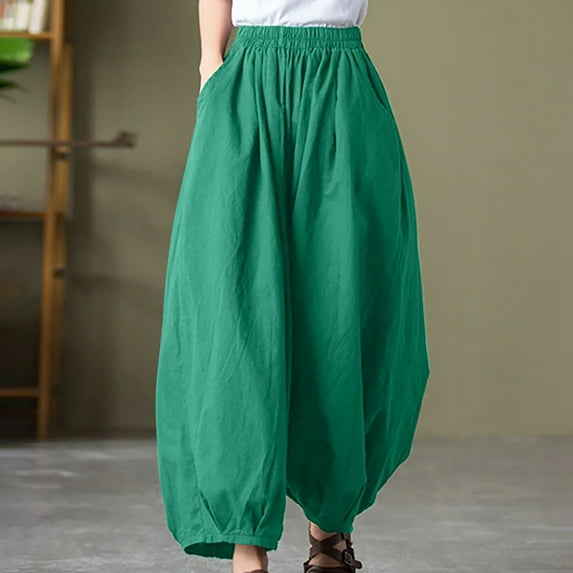 pstuiky Womens Pants Casual, Cotton and Linen Solid Color Loose Long Harem Pants Pants with Pockets Oversized Womens Trousers Green XXL
