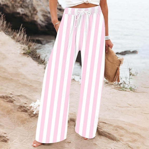 pstuiky Womens Pants Casual, Striped Loose Long Straight Leg Outfits for Vacation with Pockets Fashion Workout Clothes Multicolor XXXL