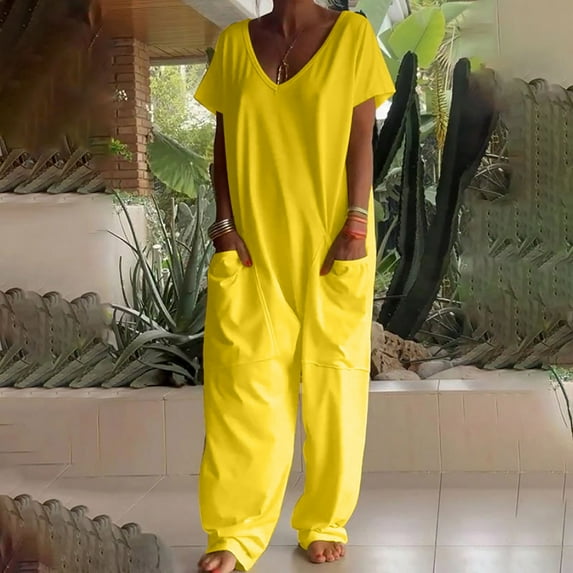 pstuiky Womens Rompers, Women Solid Color Wide Leg Long Pants With Pockets Straight Tight Trendy Oversized Fitness Sports Baggy Gift for Women Yellow XXL