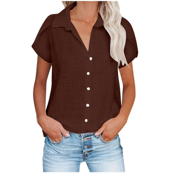 pstuiky Womens Shirts Short Sleeve Loose Casual Blouses Solid Tops Collared Short Sleeve Shirts with Button Basic Shirts for Women Up to 65% Off Brown M