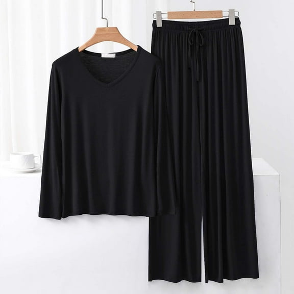 pstuiky Womens Short Pajamas Oversized Solid Color Lace Pajama Sets with Pants Summer Loose Fit V-Neck Long Sleeve Sleepwear Black 2XL