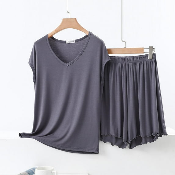 pstuiky Womens Short Pajamas Summer Solid Color Comfortable Pajama Set Comfy Loose Fit V-Neck Short Sleeve Sleepwear with Shorts Loungewear for Teens Dark Gray M