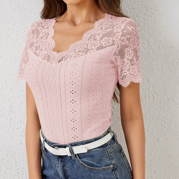 pstuiky Womens Short Sleeve T Shirts Loose Casual Blouses Solid Blouse V Neck Short Sleeve Shirts Lace Trendy Women's T Shirts Pink XXL