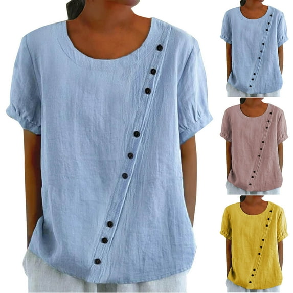 pstuiky Womens Summer Tops Fashion Solid Color Short Sleeve Womens Linen Tops Casual Loose Fit Tie Front Blouses Blue S