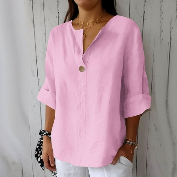 pstuiky Womens Summer Tops Plus Size Solid Color V-Neck Womens Linen Tops Cotton and Linen Loose Fit Sleeveless Tie Front Basic Tees Pink XXXXXL