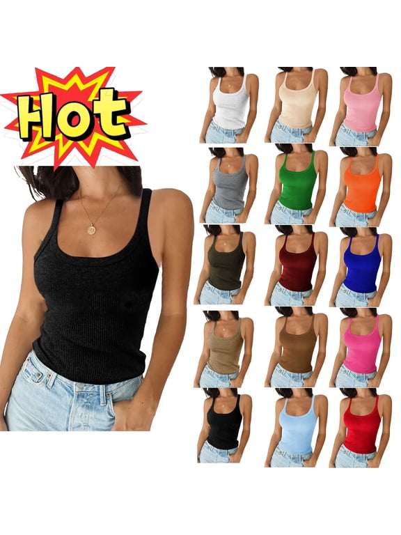 Womens Summer Tops Summer Solid Color Crew Neck Camisole Blouses Lightweight Slim Fit Sleeveless Spaghetti Straps Tank Tops for Women