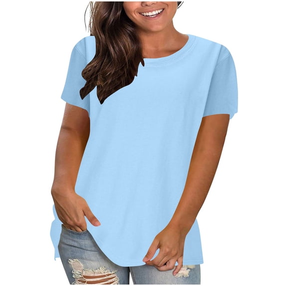 pstuiky Womens Summer Tops Trendy Short Sleeve Solid Color Women'S Blouses Comfy Loose Fit Crew Neck Clothes Outfits Womens Blouses