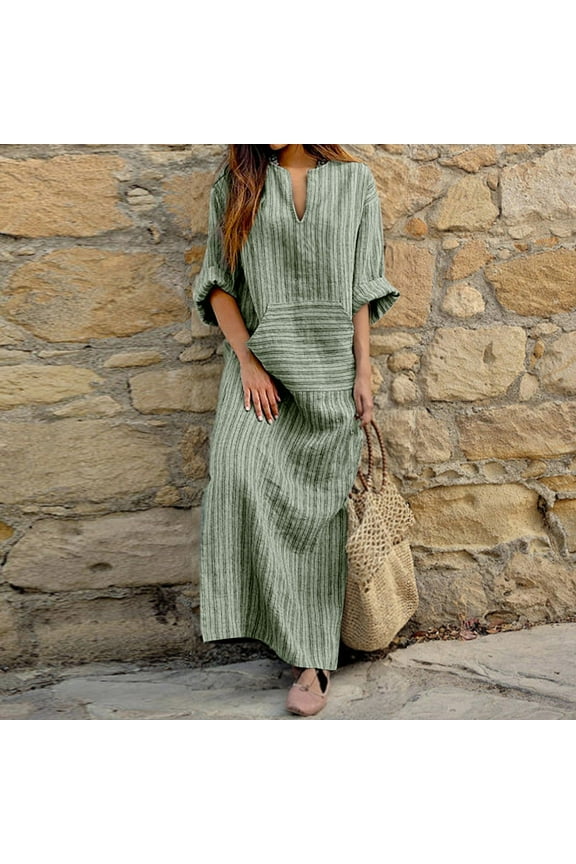 Womens Sundress, Women Summer Cotton and Linen Long Skirt Striped Print Dress Long-Sleeved V-Neck Dress Maxi Skirt with Pocket Leisure Green XXL