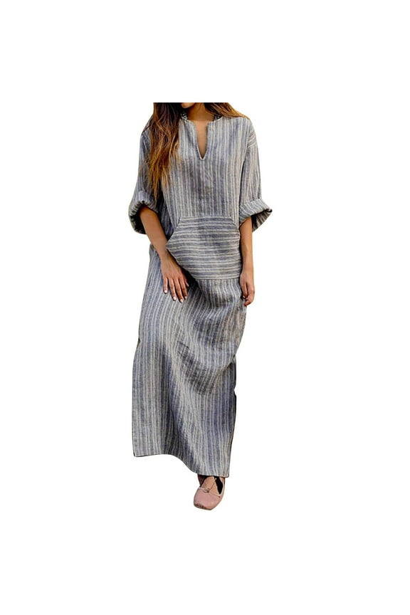 Womens Sundress, Women Summer Cotton and Linen Long Skirt Striped Print Dress Long-Sleeved V-Neck Dress Maxi Skirt with Pocket Leisure Gray XXL