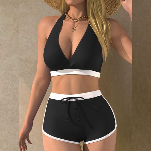 pstuiky Womens Swimsuit Solid Color V-Neck Adaptable Two Piece Bathing Suits Swimming Suits Bikinis with High Cut Swim Dress