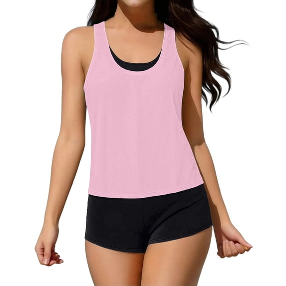 pstuiky Womens Swimsuits Solid Color Crew Neck Adaptable 3 Pieces Bathing Suits Swim Dress Tankinis with Boy Shorts Swimming Suits