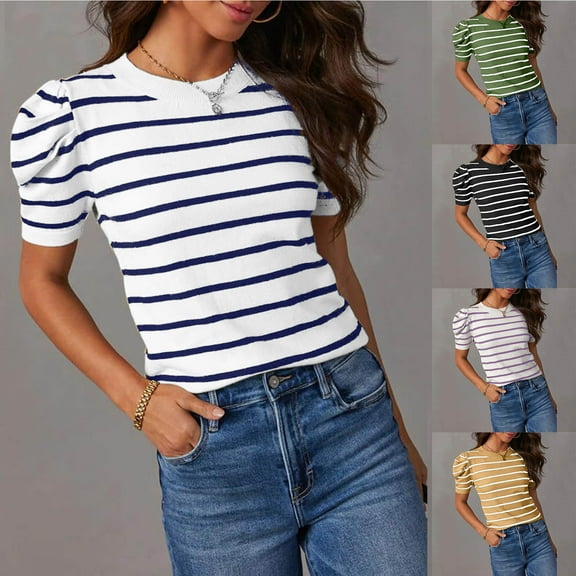 pstuiky Womens T Shirts, Women's Short Puff Sleeve Knit Tops Trendy Crewneck Striped T-Shirts Casual Summer Blouses Work Shirts for Women Plus Size Tops Oversized Blouses