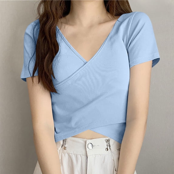 pstuiky Womens Tops Trendy Oversized Short Sleeve V-Neck Fashion Clothing Lightweight Loose Fit Solid Color Clothes Outfits Women'S Workout Tops