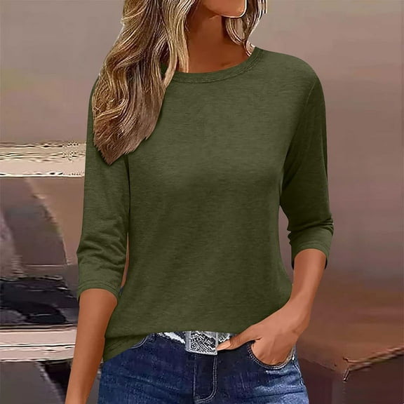 pstuiky Womens Tops Trendy Trendy 3/4 Sleeve Solid Color Women Blouses Breathable Loose Fit Crew Neck Casual Outfits Dressy Tops for Women