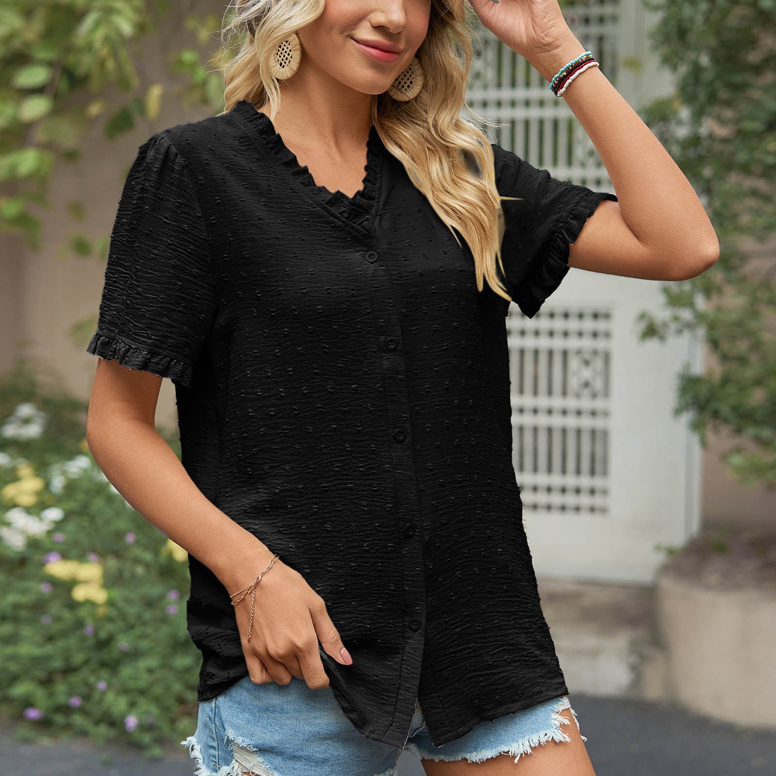 pstuiky Womens Tops, Women's Fashion Lace Sleeve V Neck Chiffon Short ...