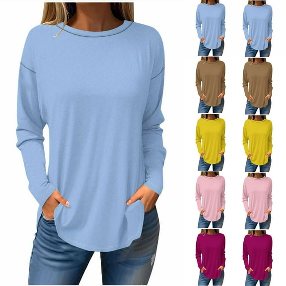 pstuiky Womens Long Sleeve Tops Solid Color Round Neck Tops Casual Loose Fit Tunic Tops Trendy Basic Tees Plus Size Tops Fall Clothes Going out Tops for Women