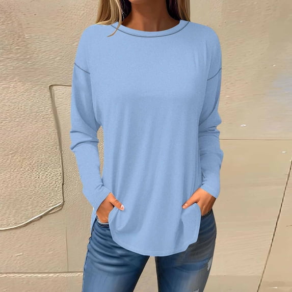 pstuiky Womens Long Sleeve Tops Solid Color Round Neck Tops Casual Loose Fit Tunic Tops Trendy Basic Tees Plus Size Tops Fall Clothes Going out Tops for Women