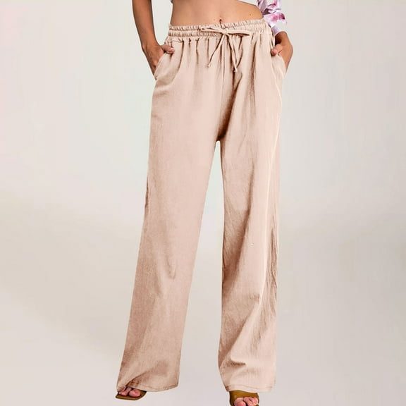 pstuiky Womens Wide Leg Sweatpants, Cotton and Linen Solid Color Loose Long Linen Pants Drawstring Trousers with Pockets Basic Womens Trousers Holiday Gifts Rose Gold XXL